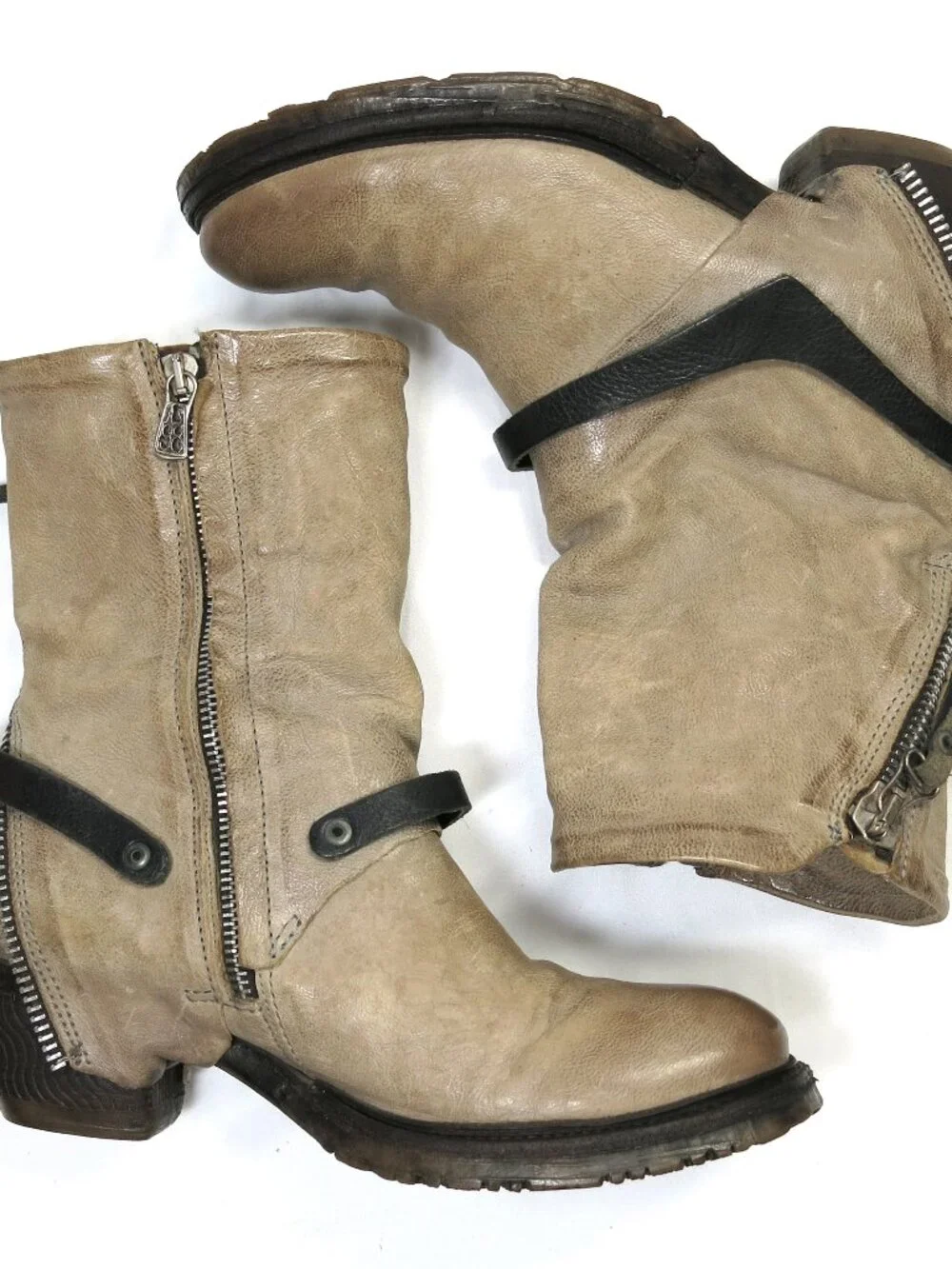 A.S. 98 Beige Double Zippered Boots, EU 38, US 8,Rare, Biker-Boho Strapped Boots - Picture 8 of 16
